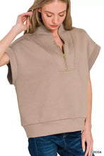 Beige Zenana scuba high neck half zip top with sleeveless design, relaxed fit, and ribbed hem