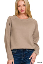 Beige scuba round neck sweatshirt by zenana with soft fabric, long sleeves, relaxed fit, and ribbed cuffs