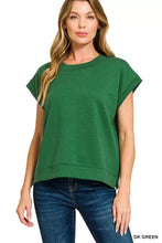 Dark green soft cotton zenana scuba short sleeve sweatshirt with relaxed fit and rolled sleeve cuffs