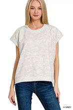 A soft heathered gray zenana scuba short sleeve top with relaxed fit and ribbed hem in lightweight fabric