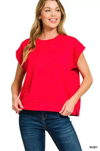 Bright red zenana scuba short loose-fitting top with flutter sleeves and ribbed hem for casual wear