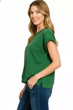 Green zenana scuba short sleeve sweatshirt with relaxed fit ribbed hem made from soft fabric for casual wear