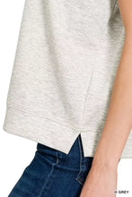 A heather gray sleeveless zenana scuba short top with relaxed fit and ribbed hem in soft fabric