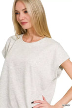 A soft heathered gray zenana scuba short sleeve t-shirt with relaxed fit and rounded neckline made from comfortable fabric