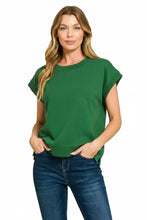 A soft green scuba short sleeve sweatshirt with rolled cuffs and a relaxed fit by zenana