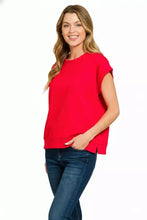 A vibrant red zenana scuba short sleeve knit top with relaxed fit and subtle side slits for casual wear