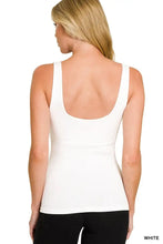 White seamless cami tank with built in bra fitted silhouette and rounded scoop neckline by Zenana