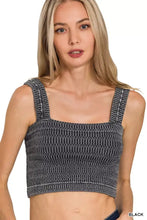 Black cropped bra top with ribbed knit texture and thin straps in Zenana seamless winkle stone washed fabric