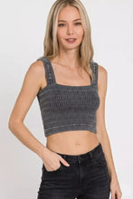 Dark gray ribbed knit crop top with square neckline and thin straps in winkle stone washed fabric by zenana seamless