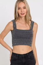 Dark gray textured knit crop top with square shoulders and ribbed detailing in winkle stone washed fabric by zenana