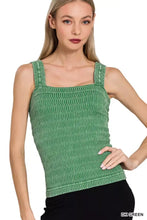 Dark green textured knit tank top with square neckline and adjustable straps in winkle stone washed fabric by zenana