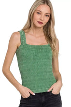 Green ribbed knit tank top with square neckline and thin straps in winkle stone washed fabric by zenana seamless