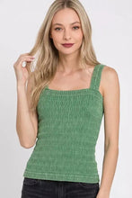 Green ribbed knit tank top with square neckline and thin straps in winkle stone washed fabric by zenana seamless