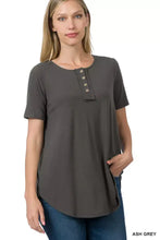 Ash grey short sleeve zenana top with buttoned placket and relaxed fit for casual wear