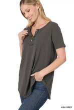 Ash grey short sleeve henley top by Zenana with relaxed fit and buttoned placket for casual wear
