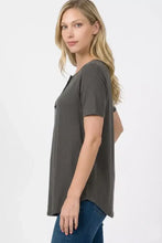 Zenana short sleeve button down top in soft dark gray with relaxed fit and subtle v-neckline for casual wear