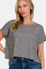 Zenana short sleeve round neck cropped t-shirt in heather grey with jeans