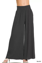 Black zenana lounge pants with smocked waistband wide legs made of lightweight flowing fabric for comfort