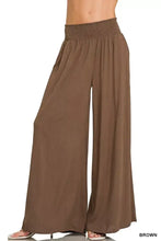 Brown zenana smocked waistband wide leg lounge pants with stretchy elastic smocked waistband for comfort