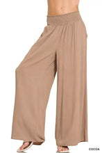 Zenana smocked waistband wide leg lounge pants in cocoa with subtle vertical ribbing and elastic smocked waistband