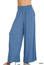 Blue denim zenana lounge pants with a smocked waistband and wide leg for comfortable casual wear