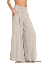 Sand beige Zenana smocked waistband wide-leg lounge pants with stretchy elastic waistband and side pockets
