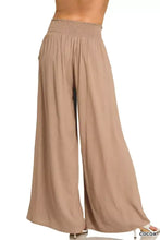 Beige Zenana smocked waistband wide leg lounge pants featuring a comfortable smocked waistband design