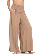 Beige Zenana lounge pants featuring a smocked waistband wide design with side pockets for comfort and style