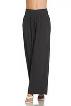 Black zenana smocked waistband wide leg lounge pants with flowing fabric and elastic smocked waistband