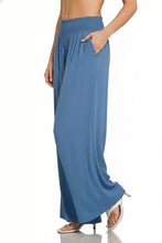 Blue zenana lounge pants with smocked waistband wide leg design and side pockets for comfortable wear