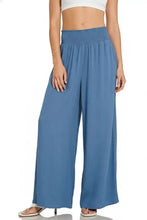 Blue wide-leg lounge pants with smocked waistband elastic for comfortable casual wear by Zenana
