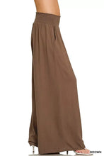 Brown zenana lounge pants with smocked waistband wide leg cut and side pockets for comfortable wear