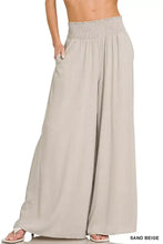 Sand beige Zenana lounge pants with smocked waistband wide leg design ideal for comfortable casual wear