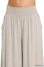 Sand beige smocked waistband wide-leg lounge pants in textured ribbed fabric by Zenana