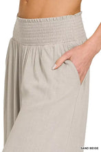 Sand beige Zenana smocked waistband wide lounge pants with stretchy waistband and subtle vertical ribbing detail