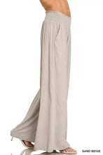 Sand beige Zenana smocked waistband wide leg lounge pants with side pockets for comfortable casual wear