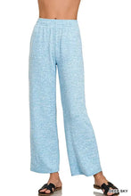 Light blue melange hacci lounge pants with elastic waistband and wide-leg design by zenana soft melange hacci