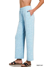 Light blue melange hacci lounge pants with elastic waistband wide-leg relaxed fit and side pockets by Zenana Soft