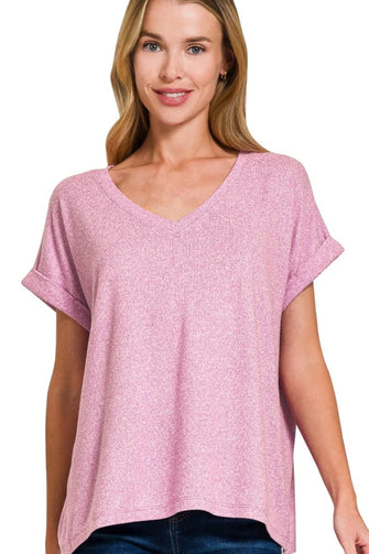 Zenana Soft Melange Hacci V Neck Pink T Shirt for Women BRIGHT MAUVE