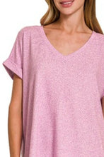 Zenana Soft Melange Hacci V Neck Pink T Shirt for Women