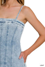 Zenana spaghetti strap light-wash denim dress with fitted corset bodice and exposed seam stitching details