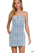 Light-wash denim spaghetti strap dress by Zenana with square neckline and vertical exposed seam detailing