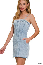 Zenana spaghetti strap light-wash denim mini dress with exposed seam and front seam detail