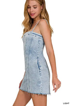 Light-wash denim spaghetti strap dress with exposed seam frayed hem and side pocket by zenana