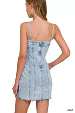 Zenana spaghetti strap light-wash denim mini dress with exposed seam and front zipper detail