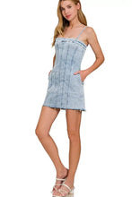 Zenana spaghetti strap light-wash denim mini dress with fitted corset front and exposed seam detailing