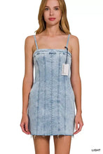 Light-wash denim mini dress with spaghetti straps and exposed seam corset-style front by zenana