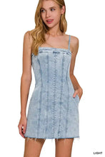 Zenana spaghetti strap light-wash denim mini dress with exposed seam detailing and thin straps