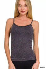 Black zenana stone washed ribbed seamless cami tank top with subtle vertical stripes and spaghetti straps