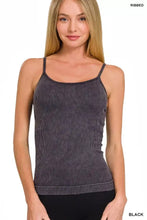 Black ribbed seamless Zenana stone washed cami tank top with thin straps and square neckline for casual wear